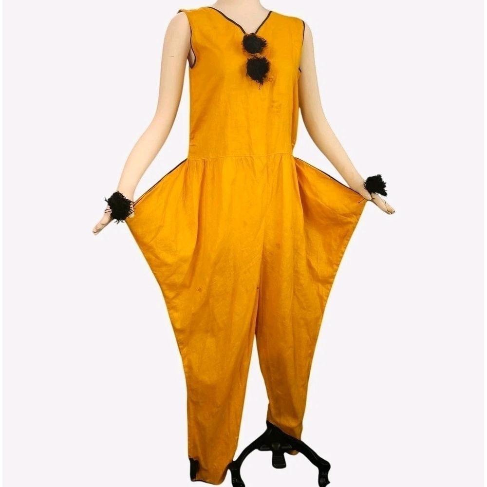 1920S Jester Jumpsuit Costume Orange Black Antique Pompom Playsuit Halloween 20s